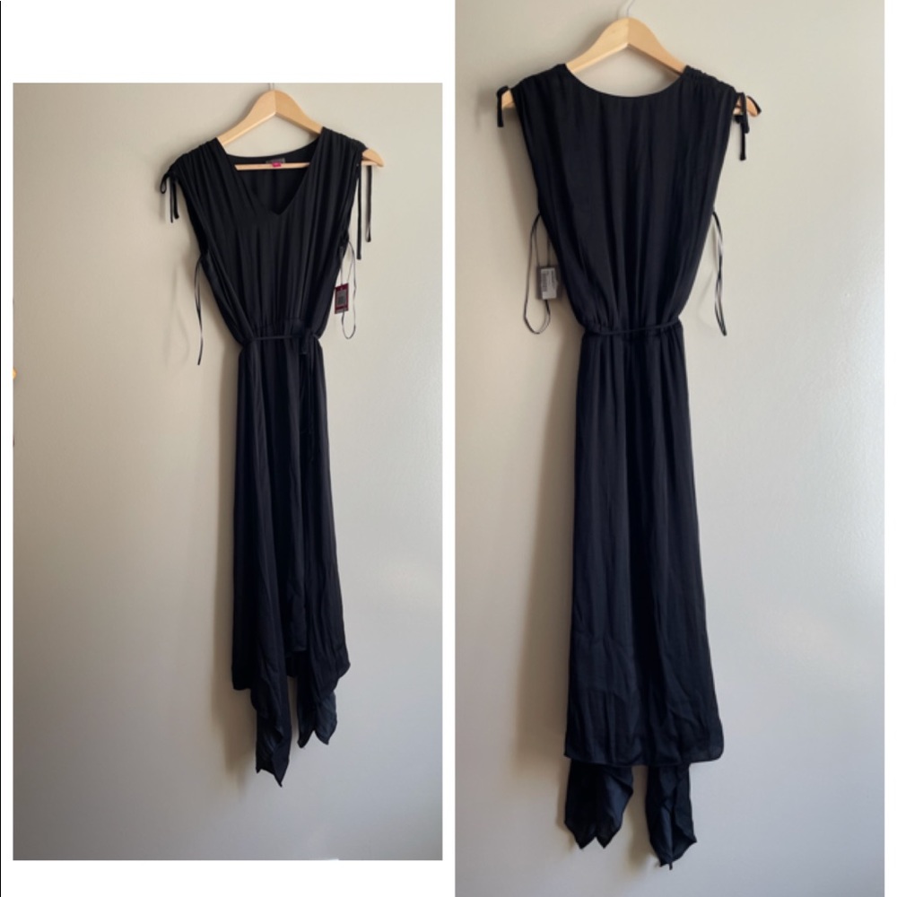 NWT XS VINCE CAMUTO shark bite hem shoulder tie floaty oasis rich black midimaxi